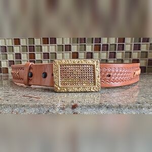 Dark Tan Leather Belt with Gold Rhinestone Buckle - Size 34 🤎💛